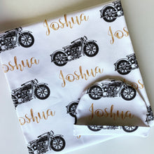 Load image into Gallery viewer, Motorbike &amp; Lux gold foil look writing Birth Announcement Set